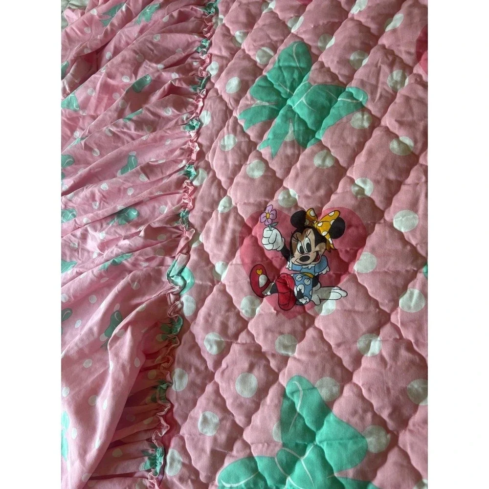 Vintage 90s Minnie Mouse Twin Bedspread Ruffle Coverlet Quilt Pink Polka Dot